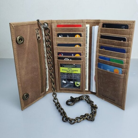 Men's Brown Leather Trifold Motorcycle Chain Deluxe Wallet RFID Check Book - Picture 2 of 6